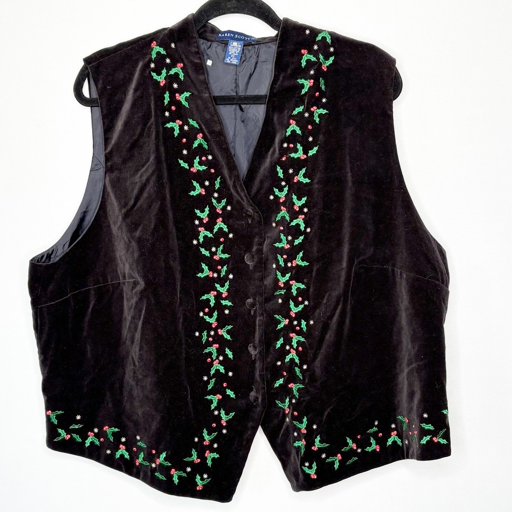 Vintage Black Velvet Christmas Vest Plus Size 2X Holly Berry Embroidered